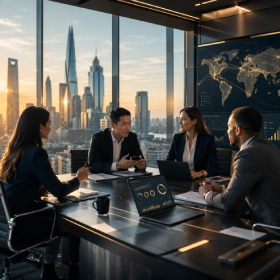 Business professionals discussing international growth strategies, technology solutions, and global expansion opportunities in a modern corporate boardroom.