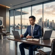 Business professional working on a laptop in a modern office with Sydney Australia skyline for business visa opportunities