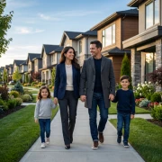 Family walking through a modern suburban neighborhood representing successful permanent residency settlement abroad