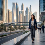 Professional walking through modern Dubai cityscape representing skilled migration and international career opportunities