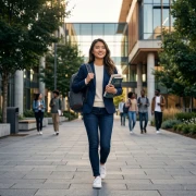 International student walking through a modern university campus for overseas education and student visa opportunities