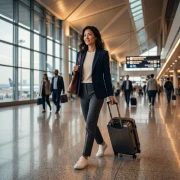 Professional international traveler walking through a modern airport terminal with luggage for tourist visa travel