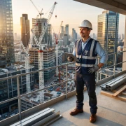 Professional construction worker at a modern construction site representing international work permit opportunities