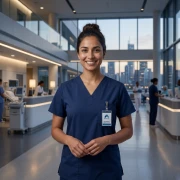 Professional healthcare worker inside a modern hospital representing international healthcare work permit opportunities